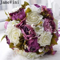janevini vintage bridal bouquets for wedding silk purple rose peony bride bouquets with ribbon pearls ramo novia flor artificial