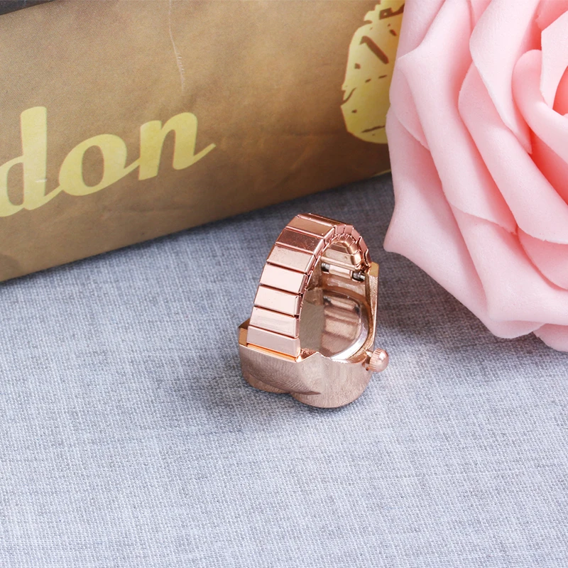 Creative Lady Girl Copper Tone Heart Shape Housing Elastic Band Finger Ring Watch for Women image 5