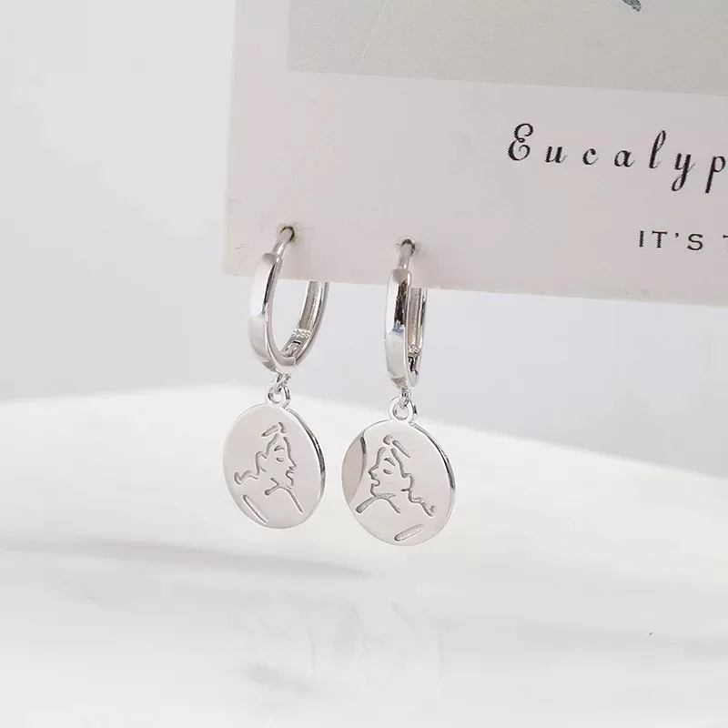 1 pair silver New S925 sterling silver earring fashion portrait round ear bone ear buckle wild personality trend femalegirl ear silver jewelry - Окраска металла: 1 pair silver