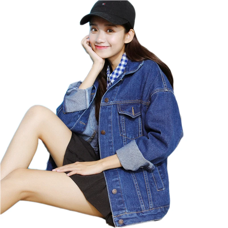 

Осенняя Свободная Женская джинсовая куртка, свободная синяя джинсовая куртка для женщин, модная женская джинсовая куртка