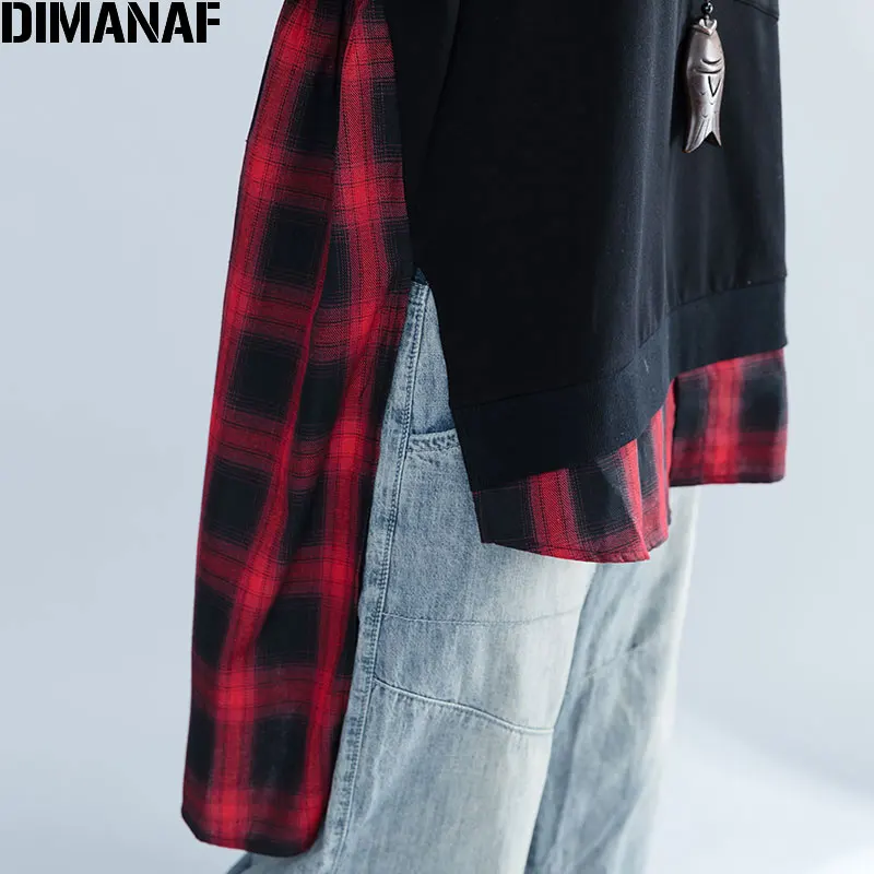 DIMANAF размера плюс женские толстовки свитшоты осенние женские Лоскутные красные черные клетчатые пуловеры с круглым вырезом хлопковые свободные топы