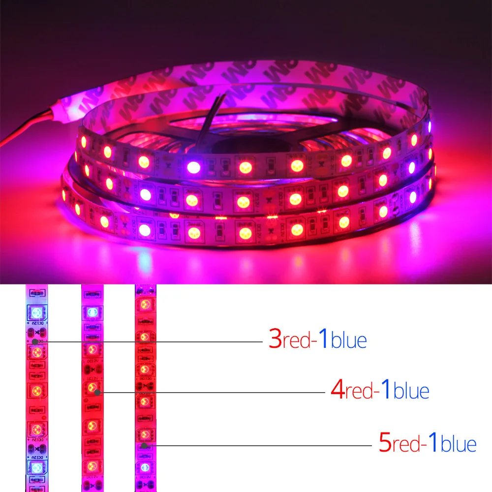 1 комплект 5050 LED Grow Lights DC 12V без водонепроницаемого 5M растущая Светодиодная лента
