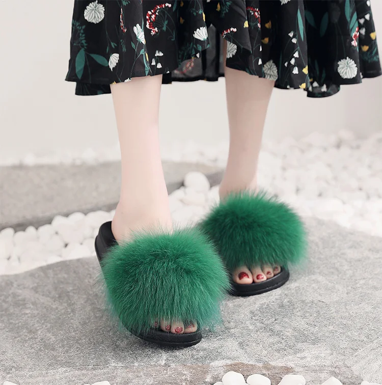 green ZDFURS/; модные шлепанцы с лисьим мехом; шлепанцы без задника с натуральным мехом; Летние вьетнамки; повседневные Модные босоножки с лисьим мехом; модная плюшевая обувь; - Цвет: green