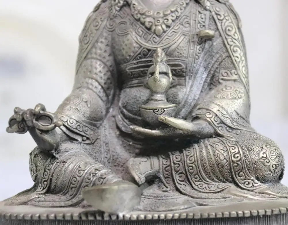Tibet Buddhism White Copper Silver Fane Lotus Padmasambhava Master Buddha Statue | Дом и сад
