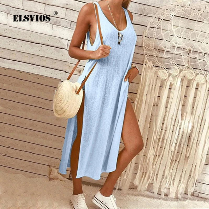 Женское длинное платье ELSVIOS однотонное пляжное с круглым вырезом без рукавов для