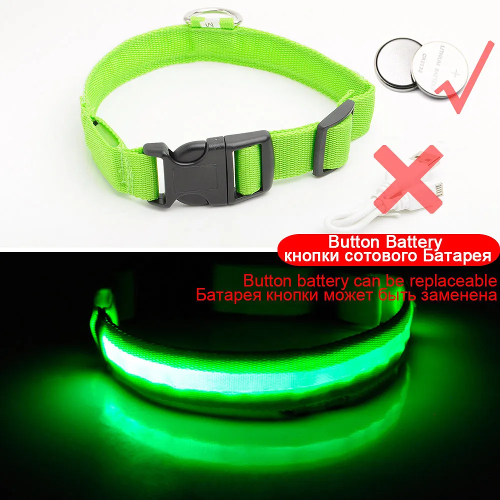 Green Button Battery Зарядка через usb светодиодный ошейник для собак, функция "антипотеря/Избегайте автомобильной аварии, ошейник для собак, щенков, ошейник LED снабжение товары для домашних животных - Цвет: Green Button Battery