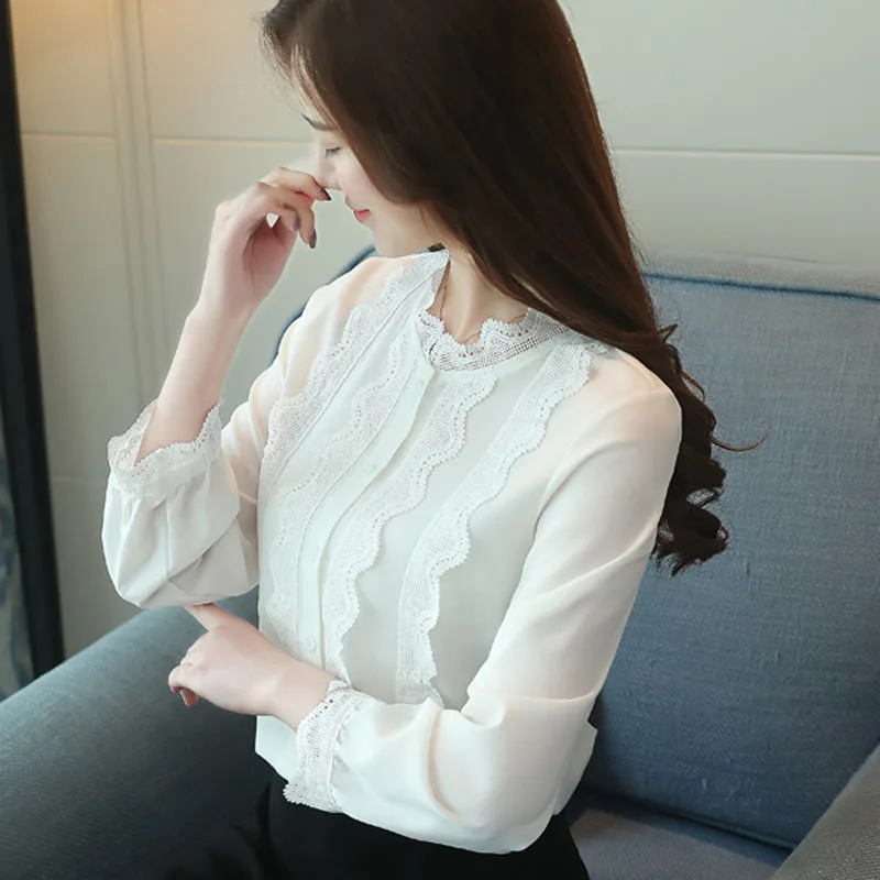 Lace blouse Autumn New blusa feminina Women tops long sleeved Korean Office lady Chiffon shirt Ruffles clothing DF2376 | Женская одежда
