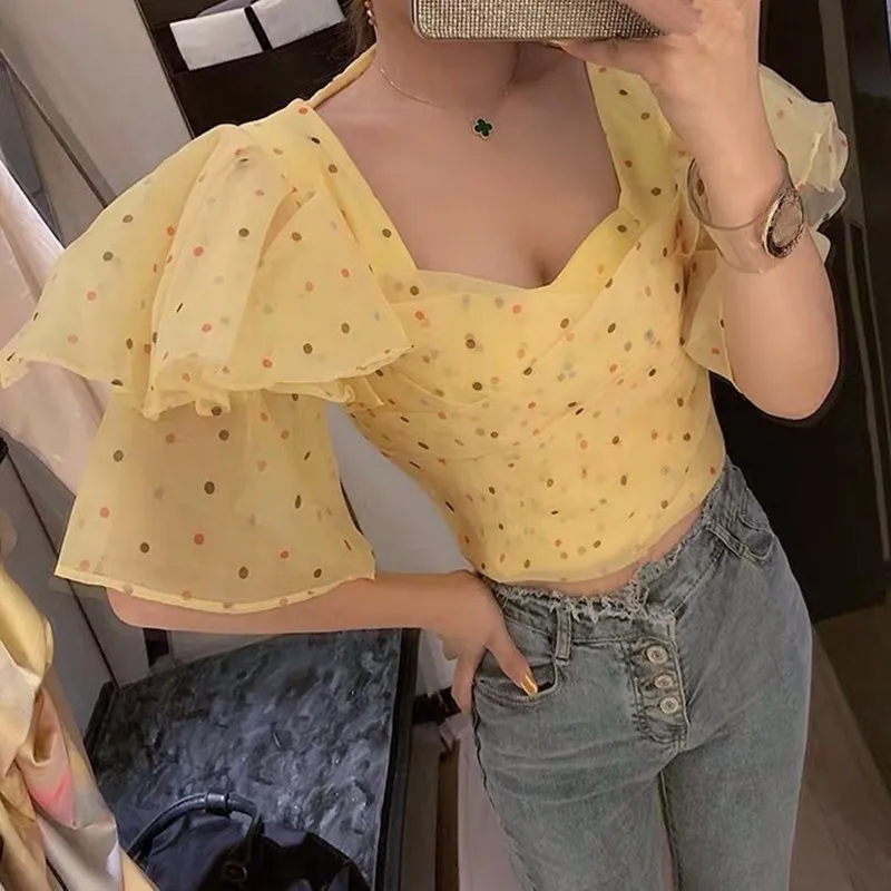 yellow TWOTWINSTYLE, сексуальная женская блузка в горошек, квадратный воротник, оборки, рукав-фонарик, тонкий шифон, топы, рубашка, Женская мода, лето - Цвет: yellow