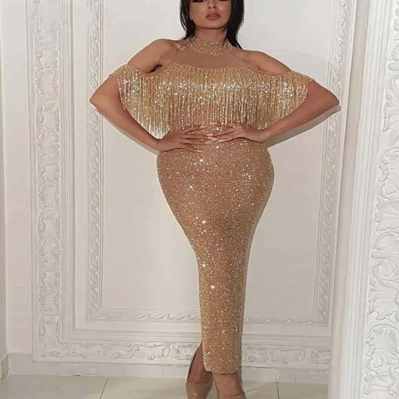 Женское вечернее платье Русалочка с золотыми блестками и открытым