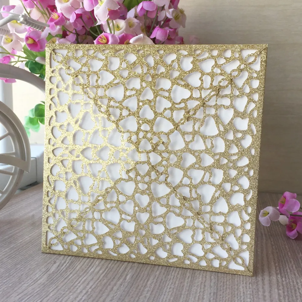 

40Pcs Laser Cut Pearl paper Pretty heart Pattern Birthday Decoration Four folded Wedding Invitaiton Card Blessing greeting card