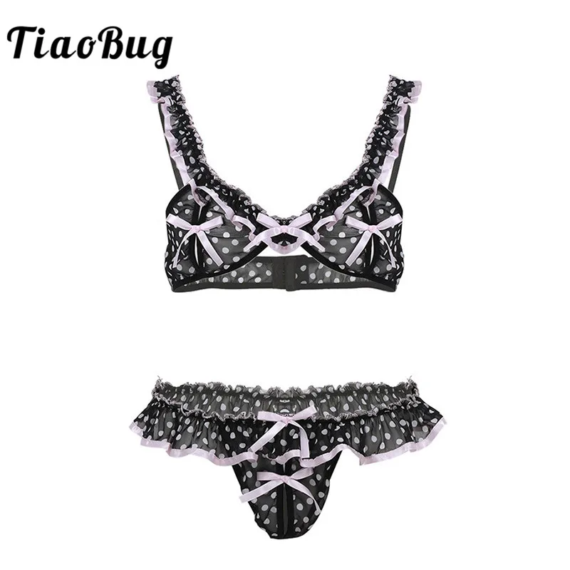 TiaoBug мужское сексуальное нижнее белье Sissy комплект из шифона бюстгальтер с