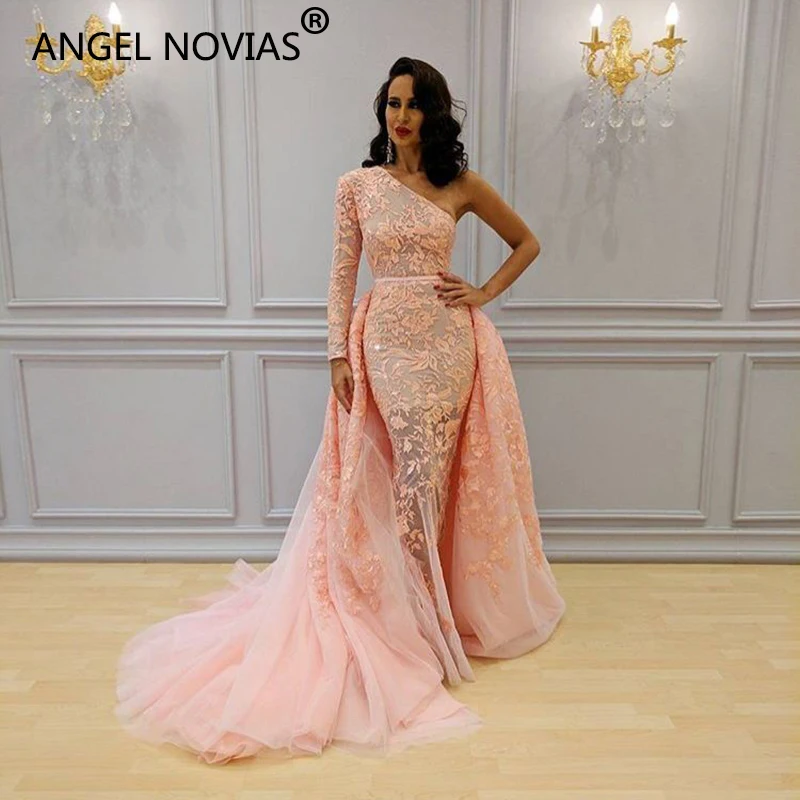 Кружевное вечернее платье ANGEL NOVIAS розовое из тюля на одно плечо с отсоединяемой