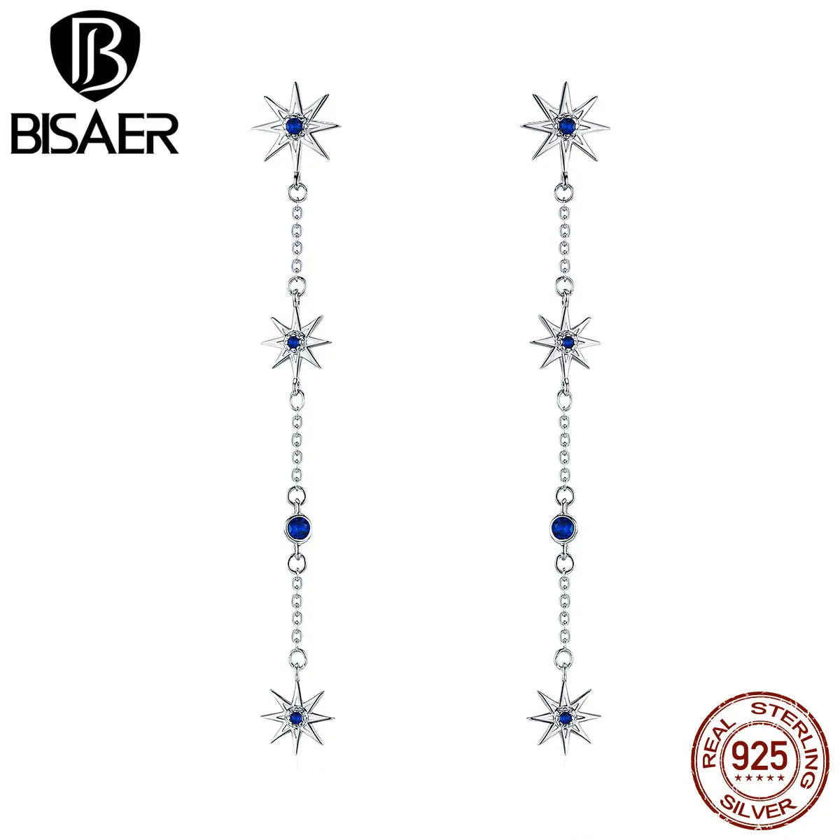 BISAER, 925 пробы, серебряные, светящиеся звезды, висячие, длинная цепочка, женские серьги, модные, Звездные Серьги, Женские Ювелирные изделия, Brincos EFE060