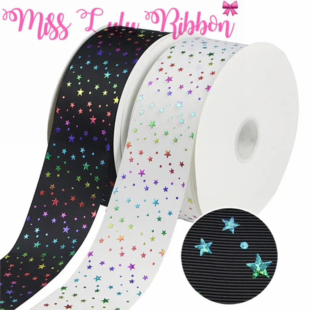 

3"75mm Rainbow Hologram Foil Shiny Little Star Printed Solid Grosgrain Ribbon DIY Gift Bowknots Hair Band Making 50yards/roll