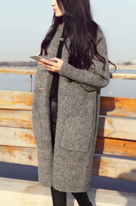 SWYIVY, женский кардиган, свитер, длинный,, осень, зима, женский, сплошной цвет, модная одежда, женские свитера, с карманами, вязанный, открытый шов - Цвет: Серый