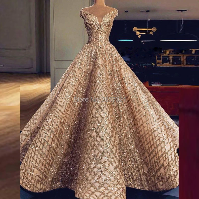 

Shining Sequined Unique Fabric Ball Gown Formal Evening Dresses with V-Neck Long Trouwjurk Abendkleider Prom Gowns Cap Sleeves