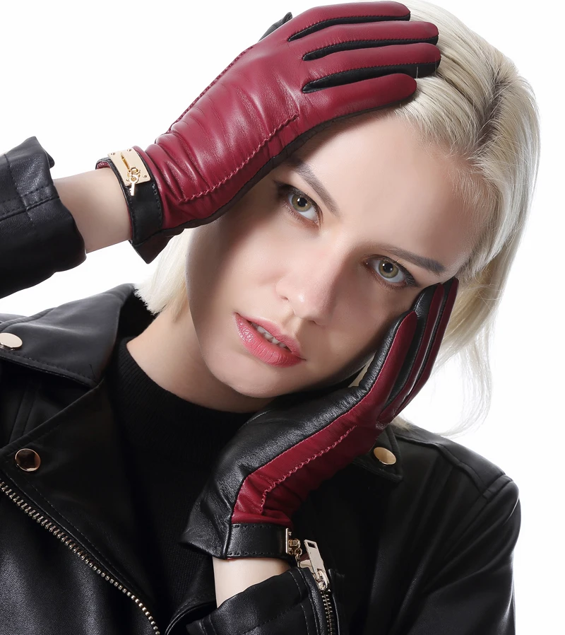 Фото Женские модные зимние теплые комбинированные цветные кожаные перчатки с