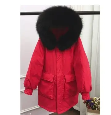 red coat black fur Огромный воротник из натурального меха енота, зимняя куртка для женщин, плотное теплое женское Свободное пальто, высокое качество, белый пуховик, парка - Цвет: red coat black fur