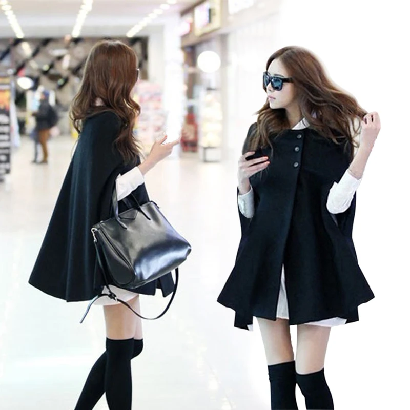 Женское шерстяное пончо летучая мышь зимнее теплое дамское пальто куртка