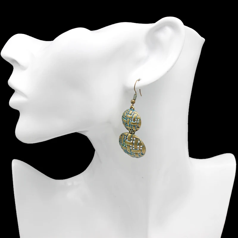 Серьги капельки в форме зеленой бронзы антикварные текстурированные богемные