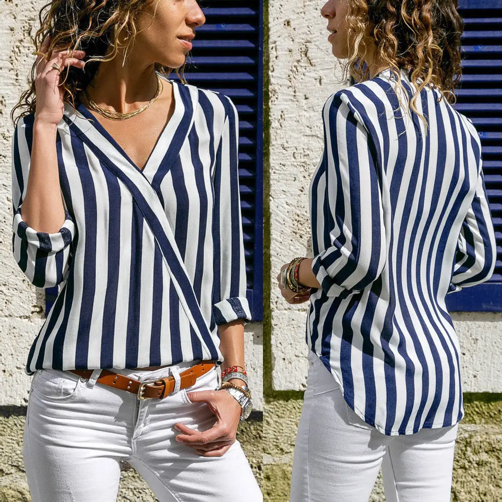 Женская Повседневная рубашка в полоску с v образным вырезом на пуговицах офисная