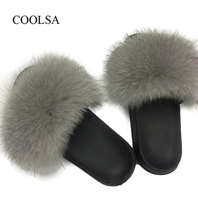 light grey Coolsa Для женщин лисий мех тапочки в форме сердца разноцветные пушистые реального меховые шлепанцы женские сандалии с мехом дома милые плюшевые обувь - Цвет: light grey