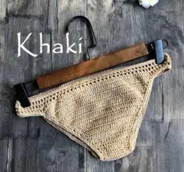 Khaki one size Вязаное крючком бикини для женщин, ручная работа, вязанное хлопковое открытое купальное белье, плавки, винтажное сексуальное летнее пляжное нижнее белье, бикини, трусики - Цвет: Khaki one size