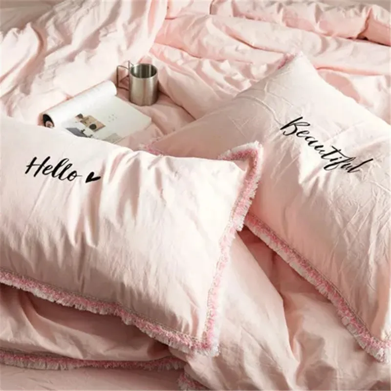 Чехол с вышивкой Hello надписью Beautiful белый/розовый/серый 100% потертый хлопок 48x74