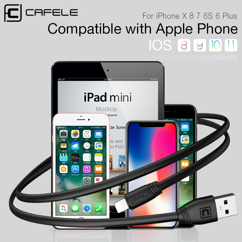 Плоский USB кабель CAFELE зарядный для iphone X 8 7 6S 6 Plus синхронизации данных и телефона