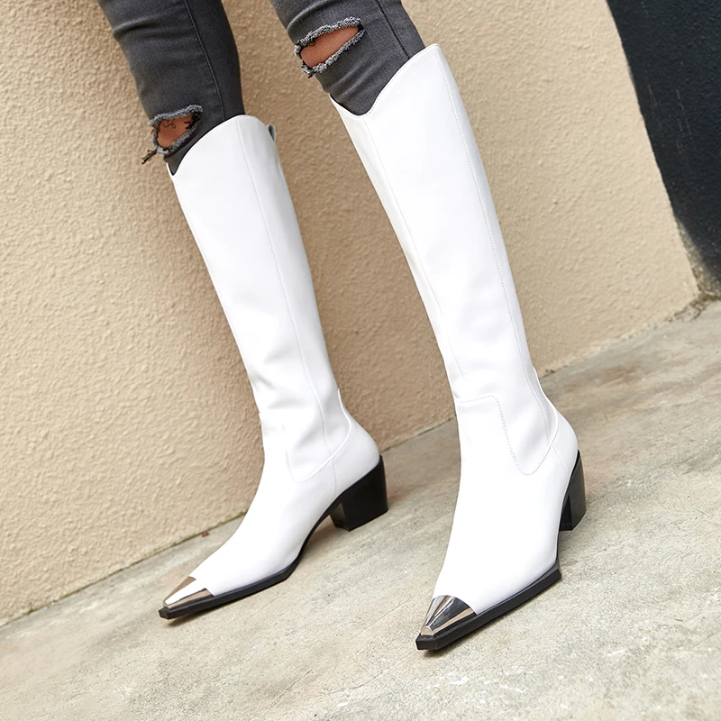 

WETKISS Cow Leather Knee High Boots Pointed Toe Rubber Footwear Thick High Heels Female Boot Fashion Shoes Woman 2018 Winter New