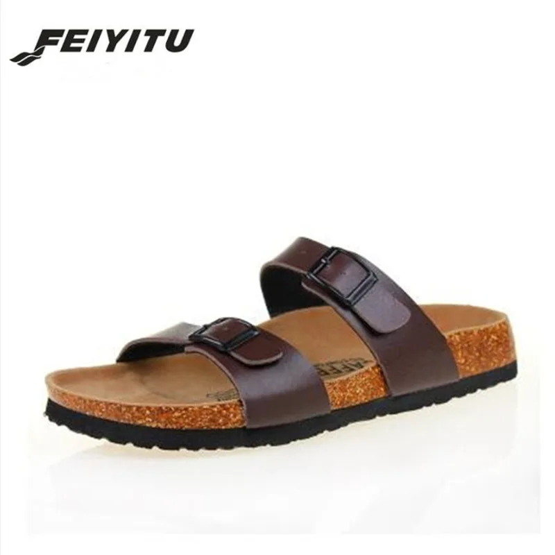 FeiYiTu/Новинка года; летние мужские пляжные пробковые шлепанцы; повседневные сабо с двойной пряжкой; Sandalias; мужские вьетнамки на плоской подошве без застежки