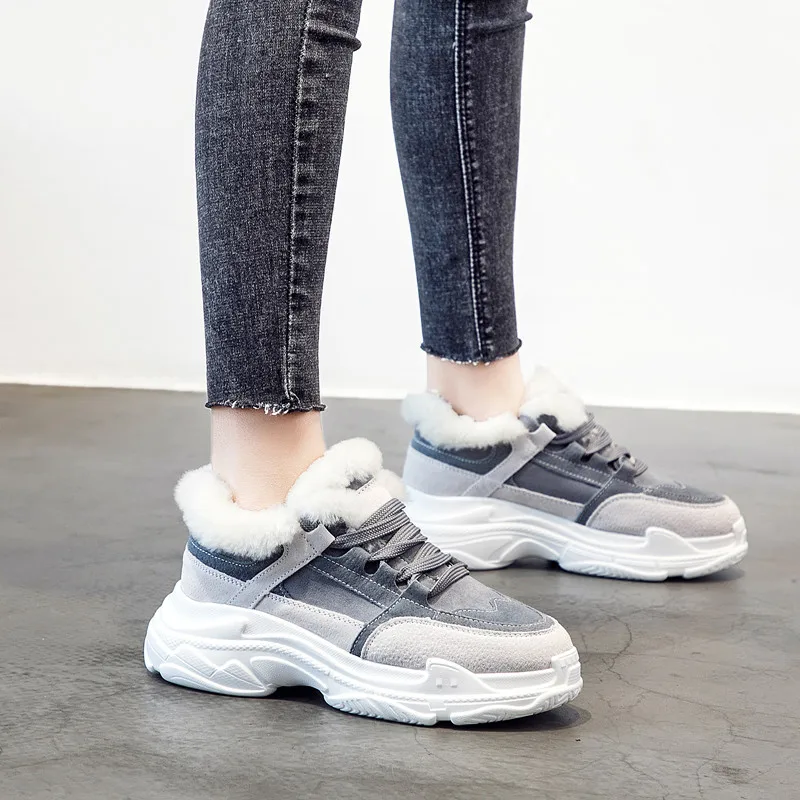 Grey Женские кроссовки на плоской платформе; коллекция года; Сезон Зима; повседневные женские кроссовки из натуральной кожи; женская обувь; зимние кожаные теплые плюшевые кроссовки - Цвет: Grey