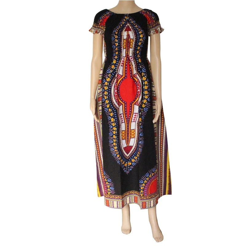 balck Dashikiage хлопковое винтажное длинное платье Дашики с рукавом-лепестком и вырезом лодочкой, Платье макси с принтом в африканском стиле-два стиля ношения - Цвет: balck