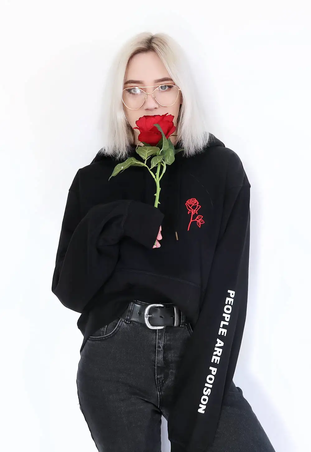 Люди яд буквы с принтом розы Толстовки капюшоном осень-зима черный одежда