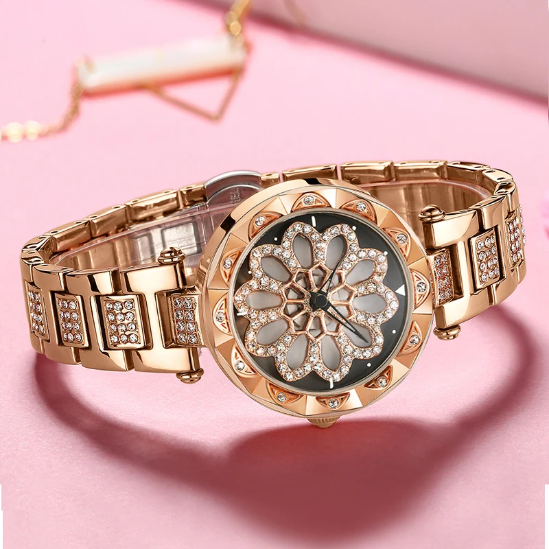 2020 розовое золото женские часы со стразами люксовый бренд вращающийся Алмазный