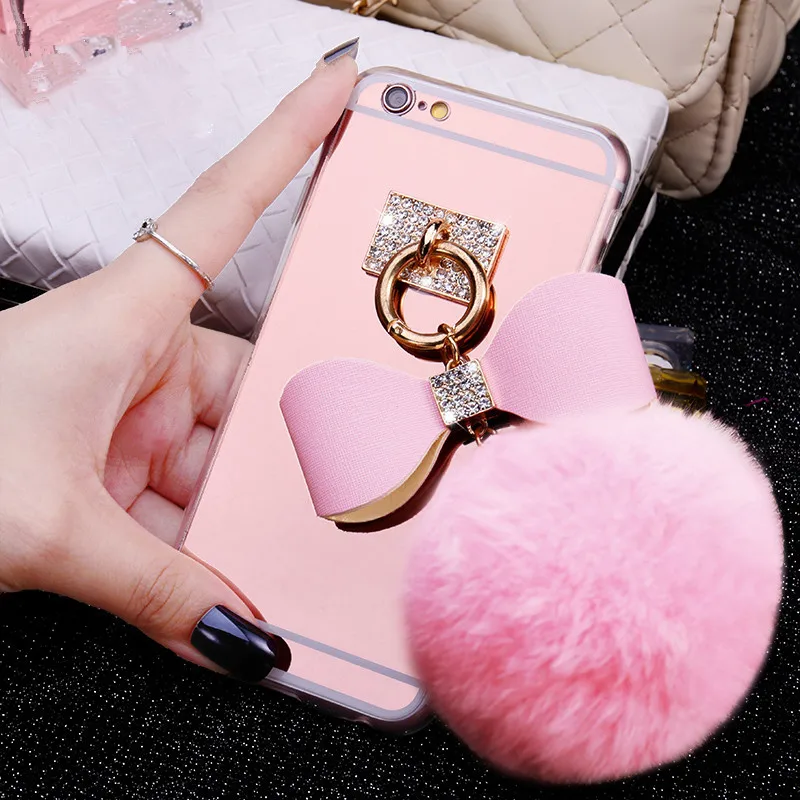Ainike Luxury Metal Rope Mirror Soft TPU With Pendant Fur Ball Tassel Phone Case Cover For iPhone X 8 4s 5SE 6s Plus 6plus 7plus |