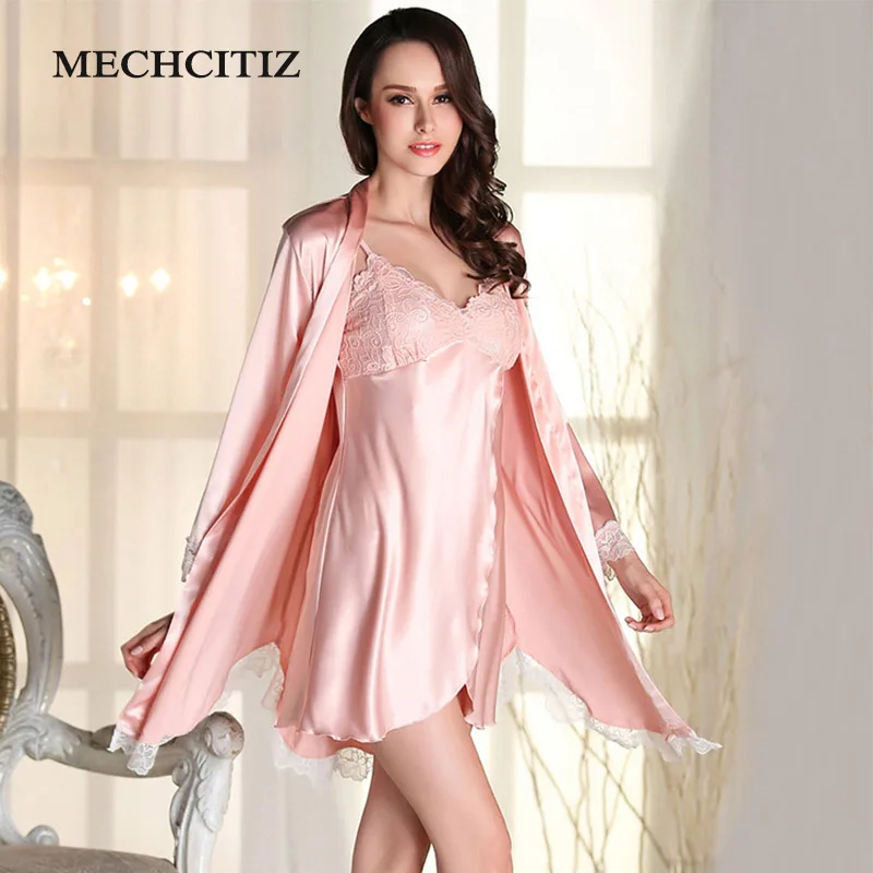 MECHCITIZ 2019 Autumn Women's Pajamas Bothrobe Nightwear Two Piece Suit Long Sleeve Silk Robe Lace Bridesmaid Wedding Sleepwear | Женская