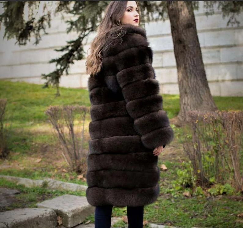 Женское пальто из натурального меха, Толстая теплая Женская куртка из натурального длинного лисьего меха, верхняя одежда, модная зимняя шуба из натурального Лисьего меха