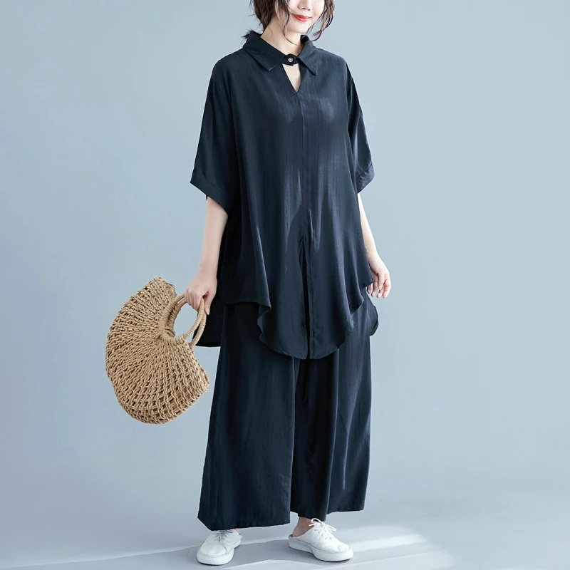 Casual Loose Fat Mm + Wide-legged Blouse Shirt Gray Pink Black Apricot 9168 | Женская одежда