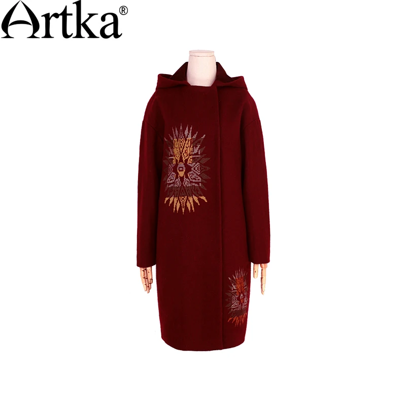 ARTKA Женское зимнее Новое Однотонное шерстяное пальто с вышивкой в этническом