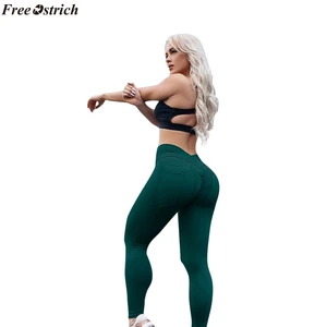 Бесплатная Страусиные женские сексуальные однотонные леггинсы с карманами и высокой талией эластичные брюки пуш-ап для бега, тренировки, фитнеса, брюки размера плюс