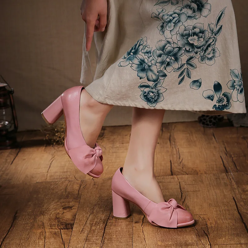 

2019 Spring New Arrival High Heels Women Shoes Genuine Leather Female Pumps Butterfly Knot Chunky Heels Lady Dress Shoes