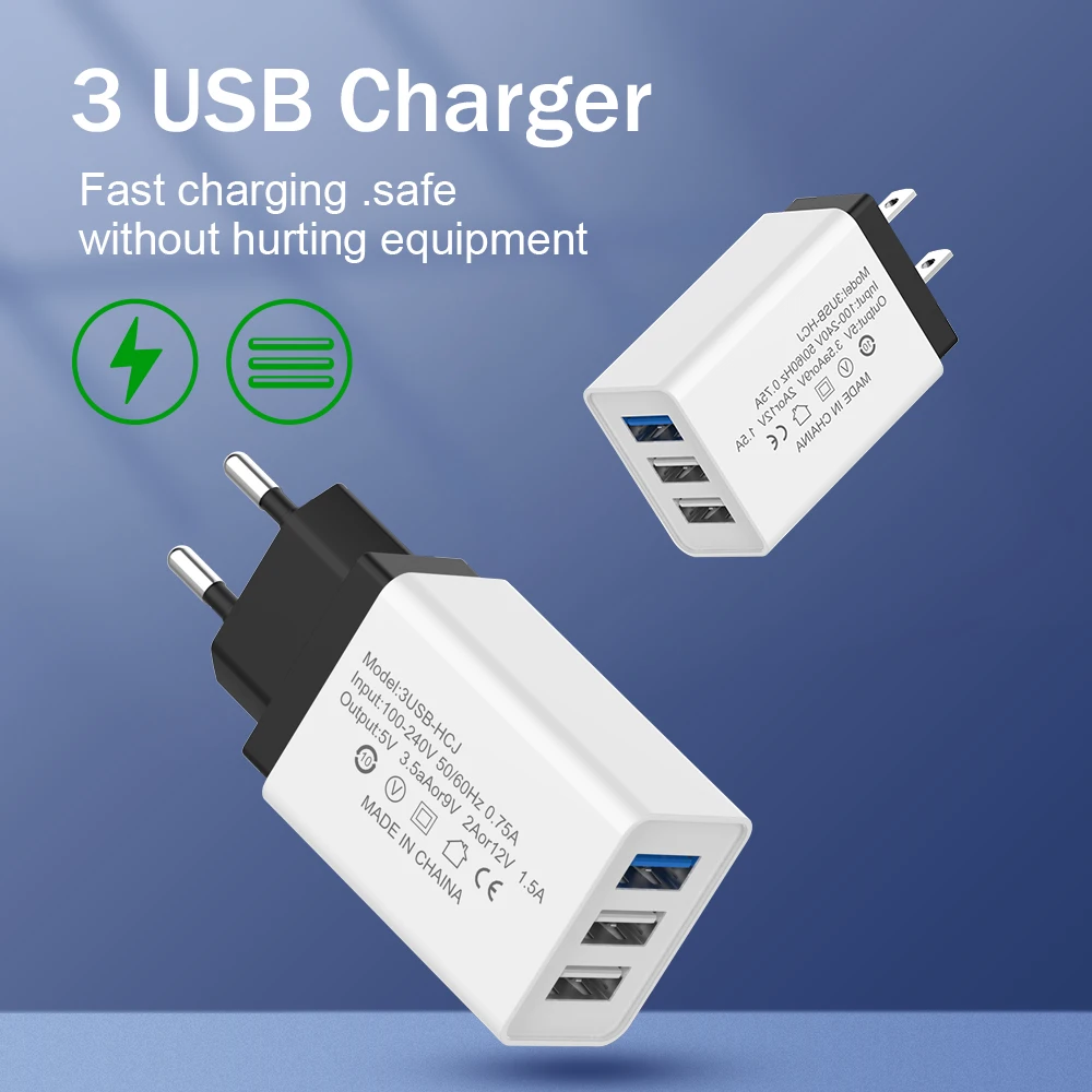 Универсальное зарядное устройство с 3 портами USB 2 А для iPhone Android дорожное