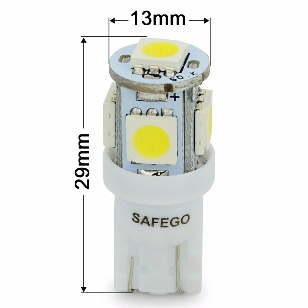 Safego 20x T10 194 168 W5W Клин светодиодный автомобильный светильник t10 5050 5SMD автомобиля клиновидные боковые хвост зазор сигнала лампа белый 12V