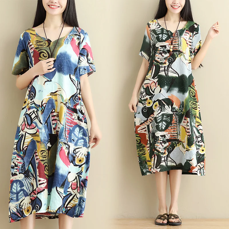 Женское хлопковое и льняное платье джемпер большого размера летнее Новое