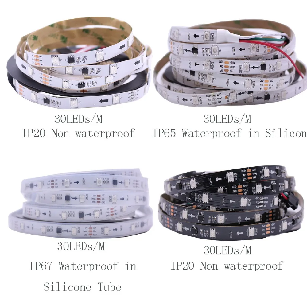 1 м/2 м/3 м/4 м/5 м WS2811S WS2812B 30/60/144 пикселей/светодиодов/м умная светодиодная Пиксельная полоса, черная/белая печатная плата, WS2812 IC, IP30/IP65/IP67 DC5V 12V