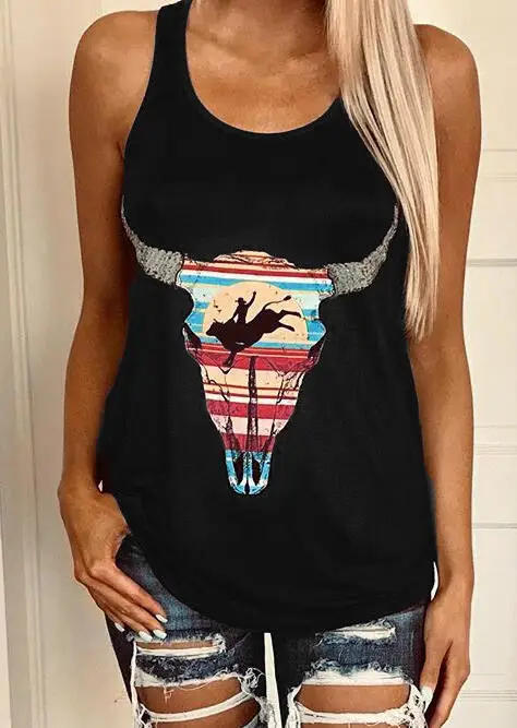 Черные Майки Женщины 2019 Летние Футболки Без Рукавов Мода Ранчо С Принтом