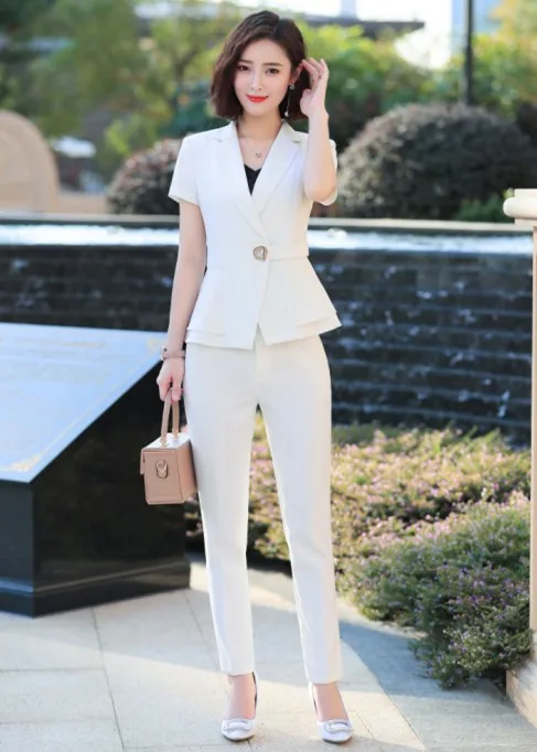 White coat and pants Модные женские новые летние брюки костюмы деловой темперамент короткий рукав Тонкий Блейзер и брюки Офисная Леди размера плюс Рабочая одежда - Цвет: White coat and pants
