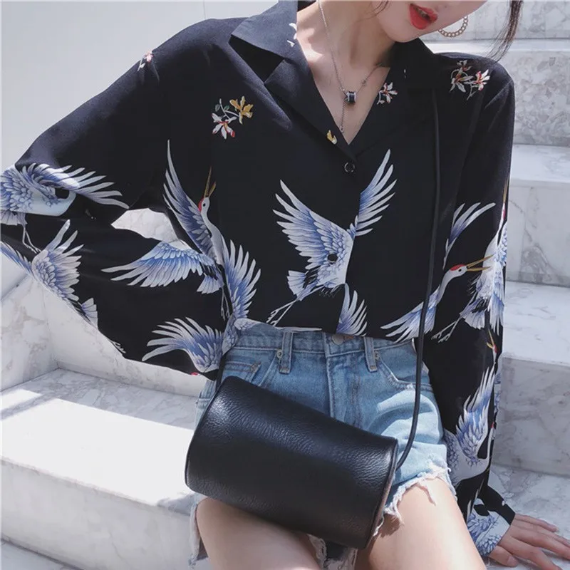 2019 Women Print Long sleeve Blouse Shirts V Neck Spring Fashion Female Top vadim shein blusas kimono harajuku befree modis | Женская