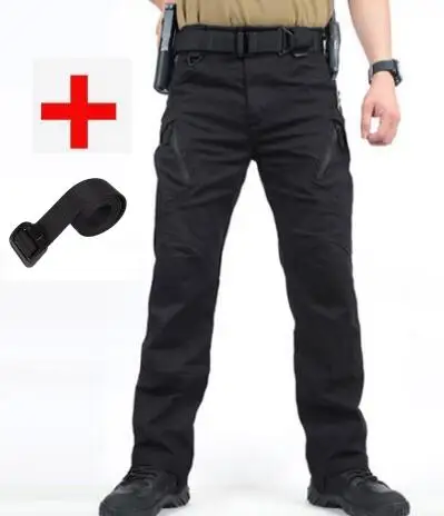 Black pants and belt IX9, тактические штаны для мужчин, армейские военные штаны, хлопковые, много карманов, тянущиеся мужские повседневные брюки, XXXL, с тактическими ремнями - Цвет: Black pants and belt